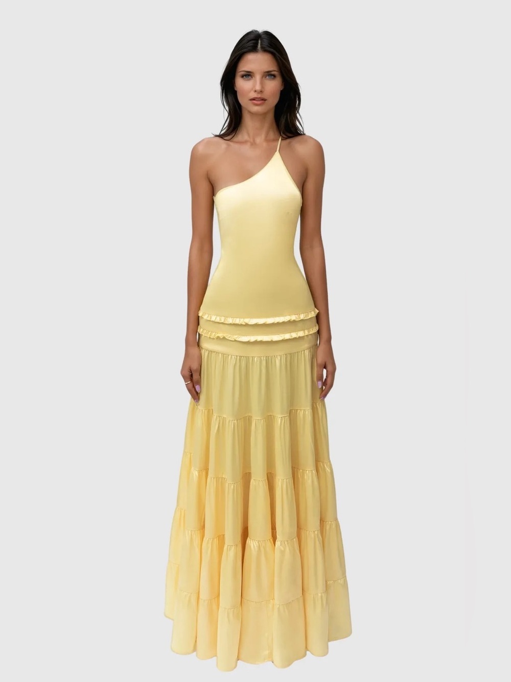 Innovare Denim Yellow Wemba One Shoulder Backless Maxi Dress